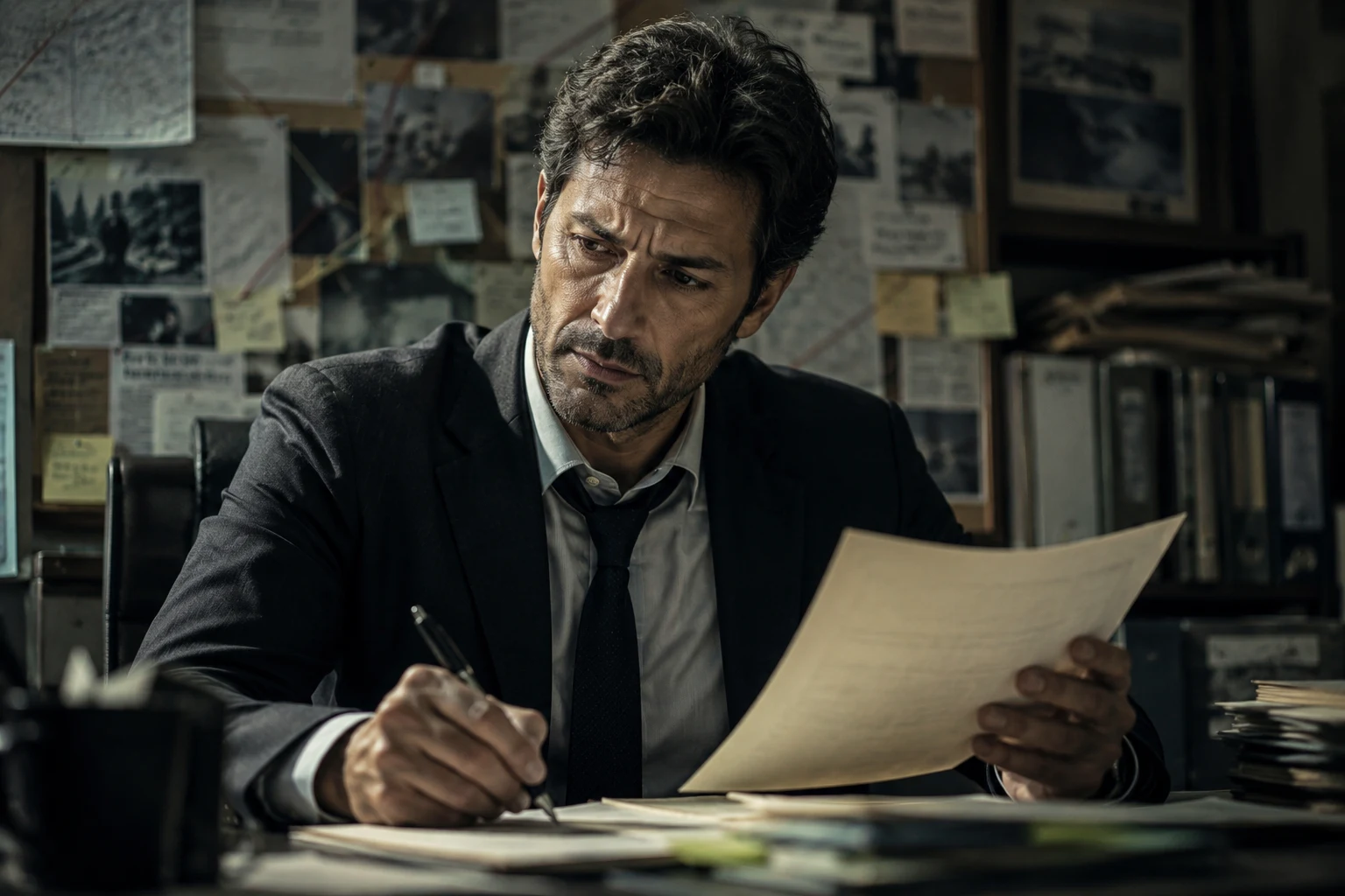 Alessandro Falchi durante un'indagine, chino sui documenti in un ufficio illuminato nella notte.