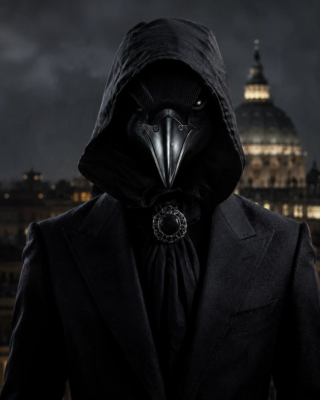 Corvus con il cappuccio e la maschera a becco metallico, coerente con la sua raffigurazione nella copertina dell'Atto II.