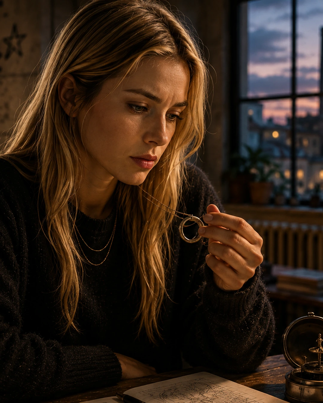 Sofia adulta nel loft di Roma Est osserva l’anello del Collettivo appeso alla catenina, mentre sul tavolo resta aperto il piccolo carillon metallico.