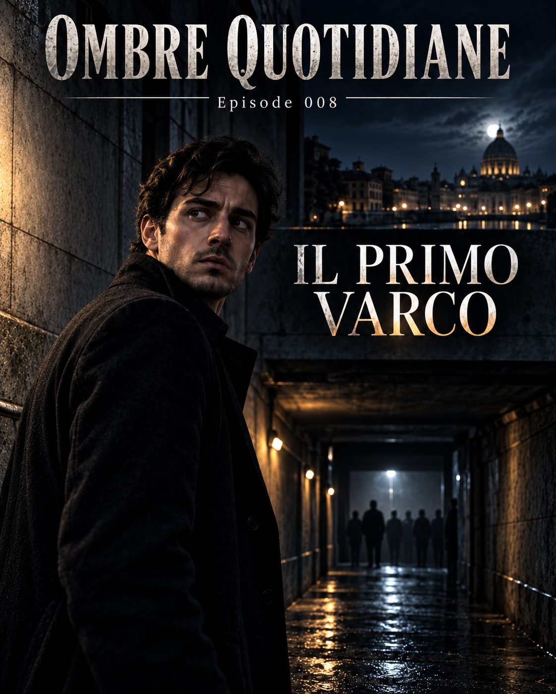 Alessandro Falchi, giovane ispettore, osserva un sottopasso urbano notturno mentre alcune figure indistinte suggeriscono la presenza del Collettivo sullo sfondo.