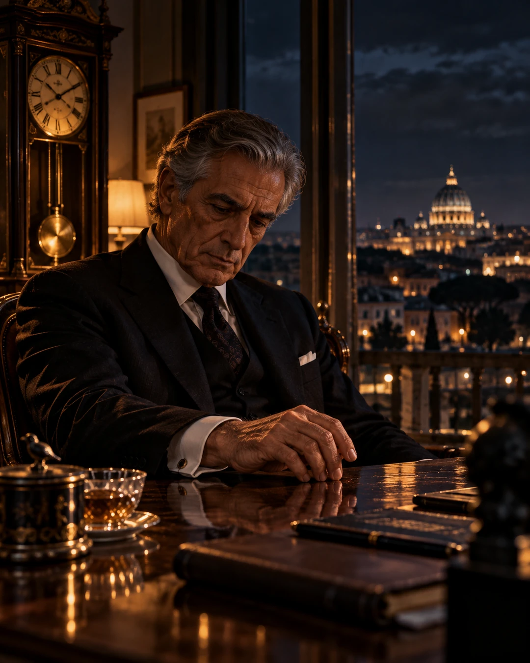 Ettore Finelli in età avanzata, elegante e segnato dal tempo, davanti a una Roma che continua a scorrere oltre il suo controllo.